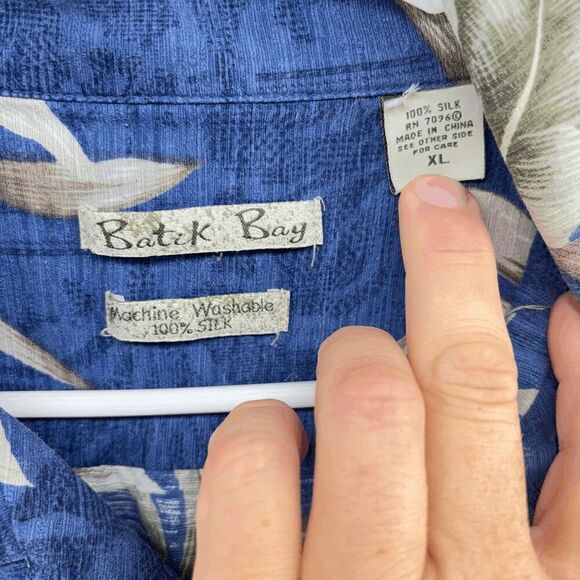 Batik Bay Silk Blue Green Brown Leaves Hawaiian Camp Shirt Size XL Breezy Tropic - Picture 3 of 3